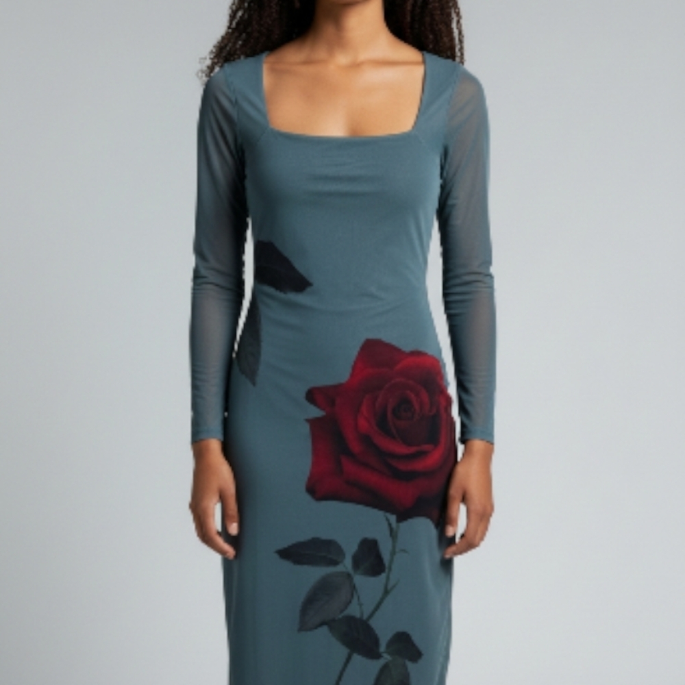 Almost Famous Teal Dress with Bold Red Rose